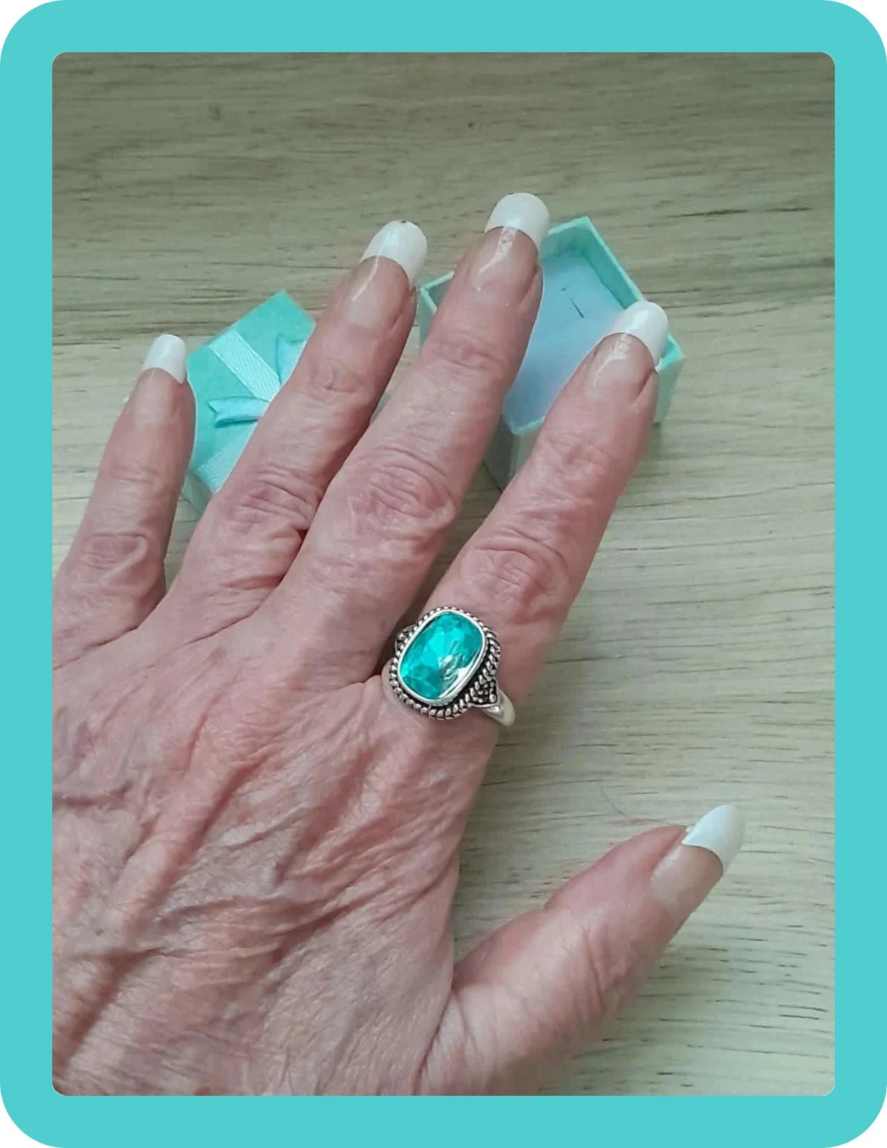 Bague stijl Vintage, rechthoekig, gegraveerd blauwe steen kleur Zilveren verouderde maat 60 – photo 5